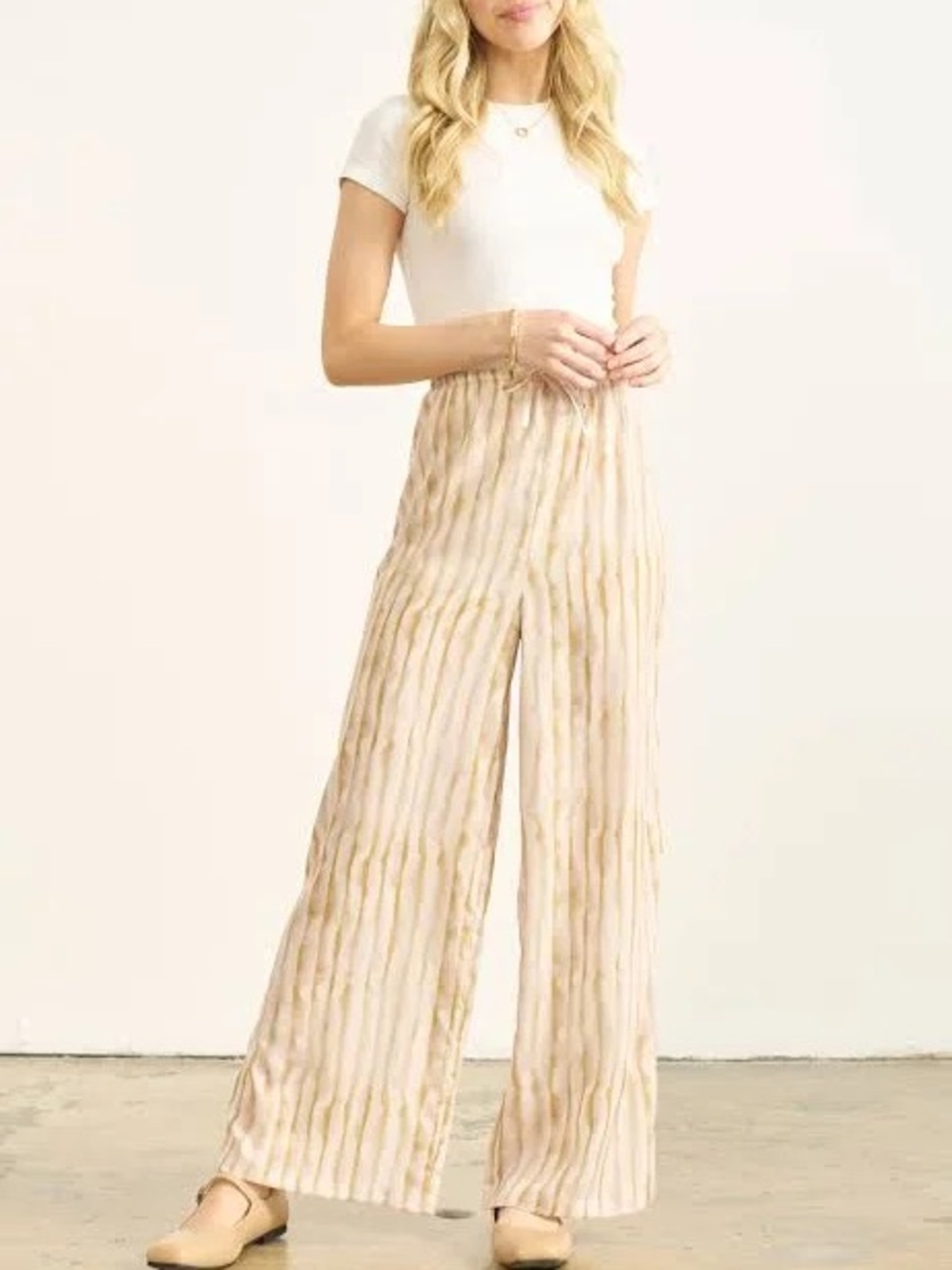 Wide-Leg Striped Linen-Blend Pants in Beige